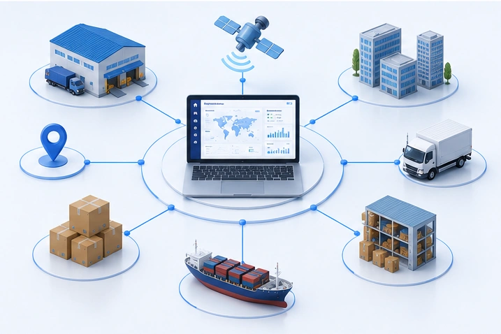 AI Powered Transportation Management System dashboard with fleet management, shipment tracking and transportation analytics